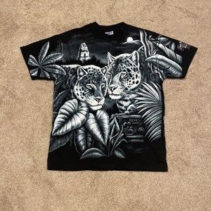 VTG Harlequin Leopard Shirt Black All Over Print Single Stitch 90's Size Large